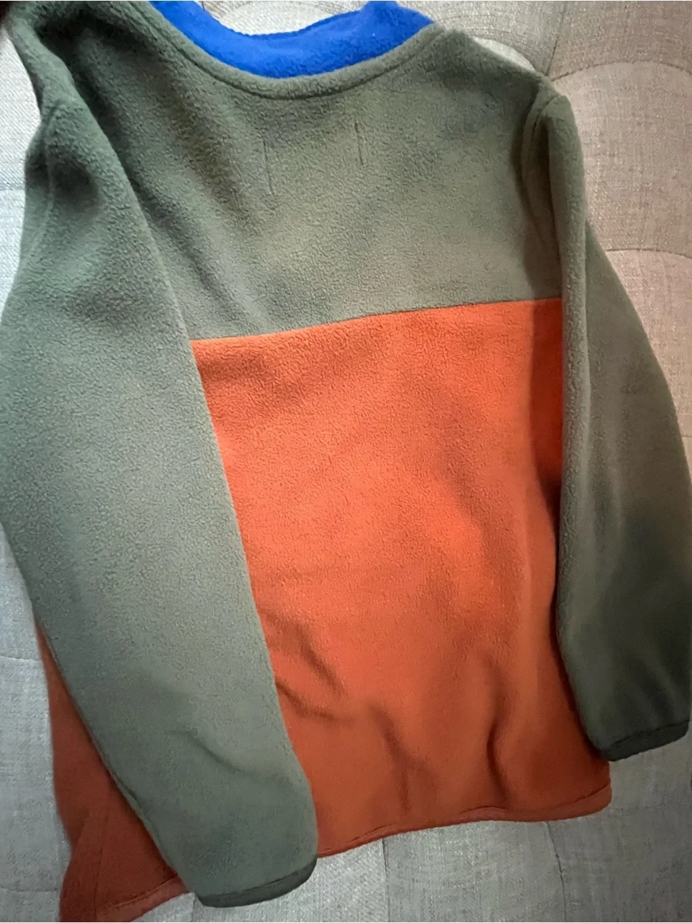 Old Navy Colorblock Zip-Up Fleece in Olive, Rust & Blue with Yellow Pocket